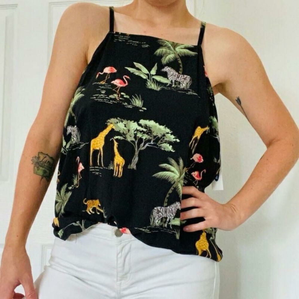 Safari Animal Print Black Halter Tank Small | Zebra Giraffe Flamingo Y2K Resort